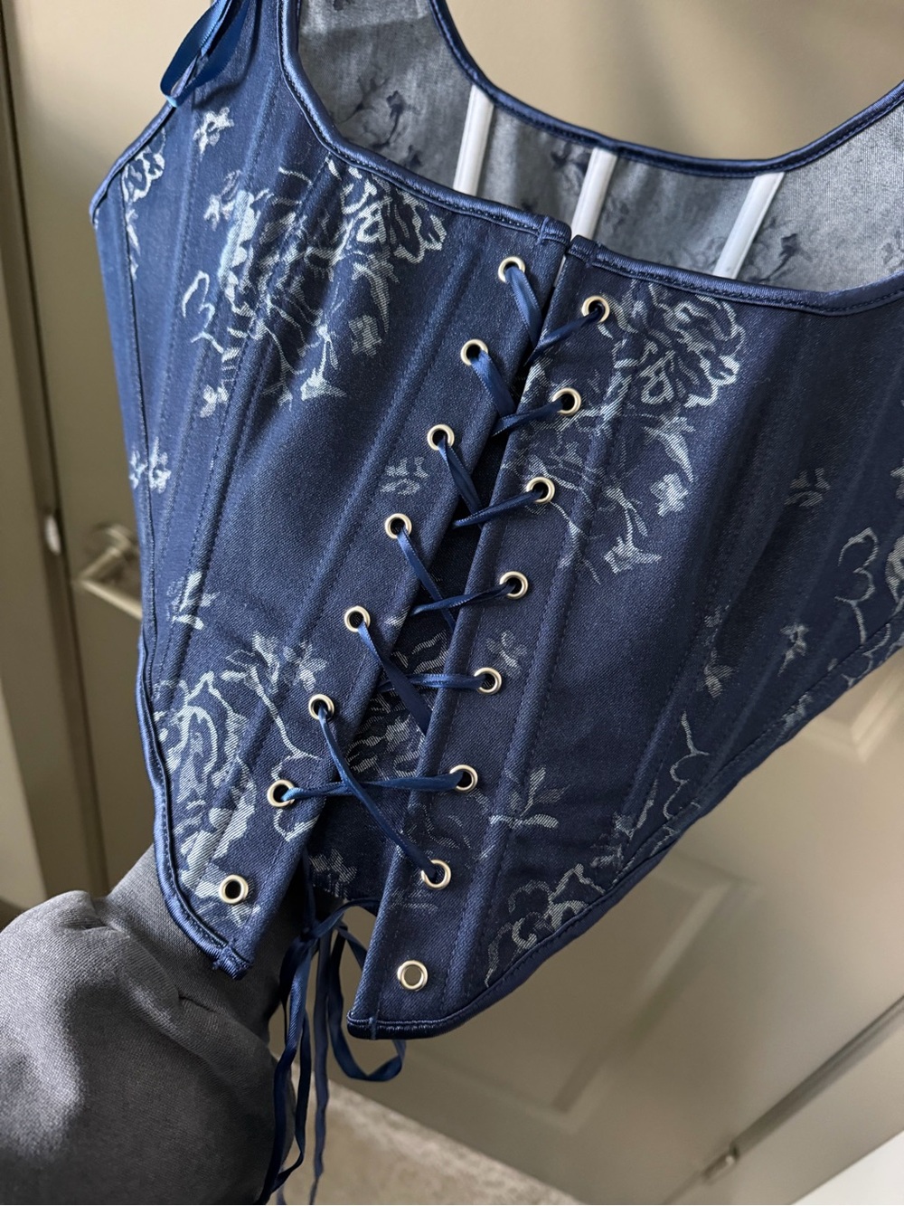 Handmade Navy Blue Corset Top, Renaissance Overbust, Front Lace Bustier - Picture 3 of 16